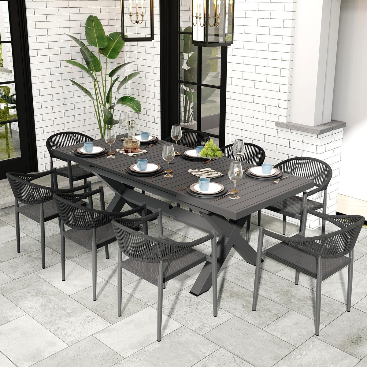 Erotr Extendable Aluminum Patio Dining Table For 6-8, 63-83 inch, Light Brown