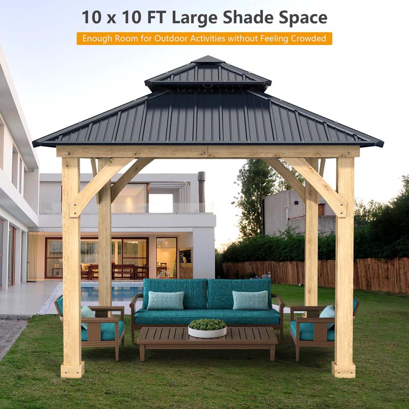 Outdoor Patio Hardtop Gazebo, 10 x 10 Ft, Wood Frame, 2-Tier Metal Roof, Gray