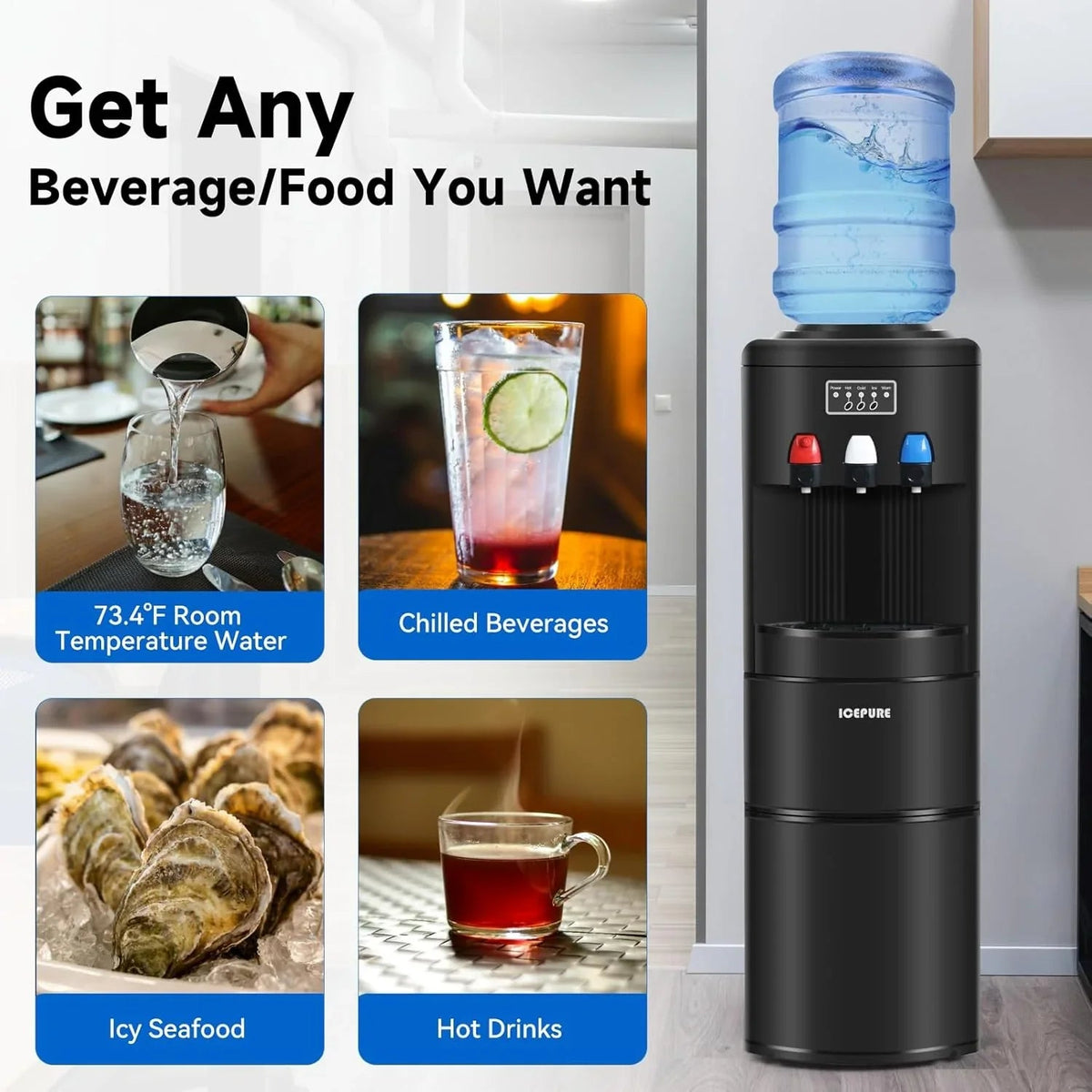ICEPURE 3-in-1 Top Loading Water Dispenser With Ice Maker, 26.5lbs/24H, Black