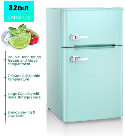 3.2 Cu.ft Compact Double Door Refrigerator With Freezer, 19 inch x 33.5 inch x 20 inch, Green