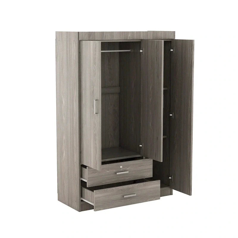 3-Door Wardrobe With 2 Drawers, Shelves And Hanging Rail