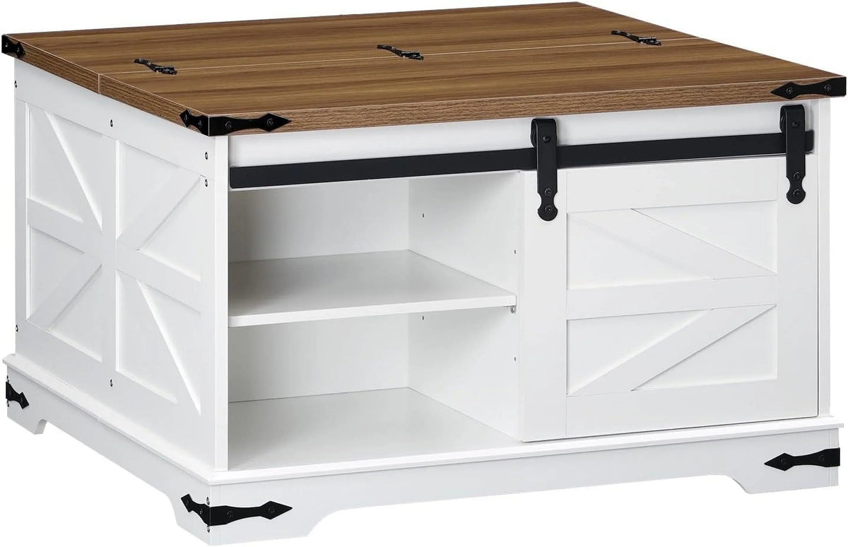 HOOBRO Farmhouse Lift-Top Coffee Table With Sliding Barn Door, White And Walnut, 31.3in L x 31.5in W x 19.7in H - WH80KF01