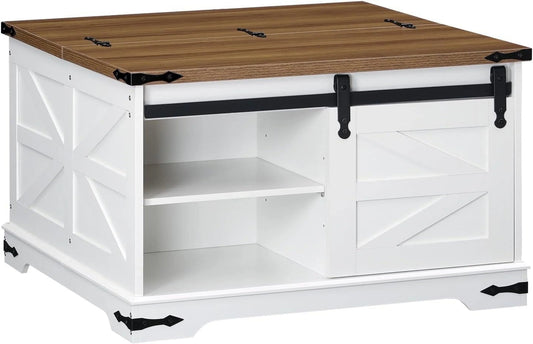 HOOBRO Farmhouse Lift-Top Coffee Table With Sliding Barn Door, White And Walnut, 31.3in L x 31.5in W x 19.7in H - WH80KF01