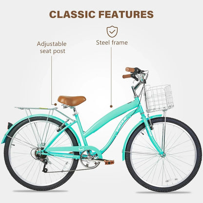 WEIZE 26 Inch 7-Speed High-Carbon Steel Beach Cruiser Bike