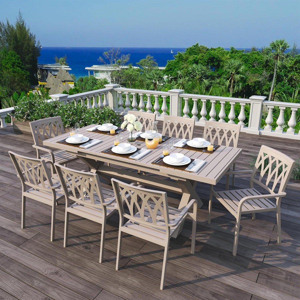 Erotr Extendable Aluminum Patio Dining Table For 6-8, 63-83 inch, Light Brown