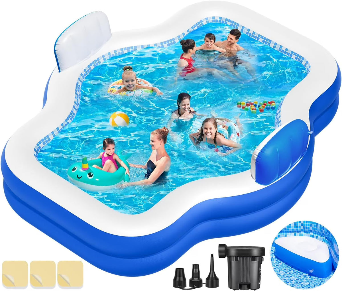 Family Inflatable Swimming Pool 121 x 90 x 22 in With Electric Pump, 2 Seats And 2 Headrests