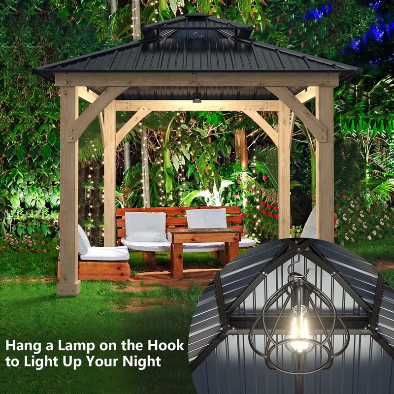 Outdoor Patio Hardtop Gazebo, 10 x 10 Ft, Wood Frame, 2-Tier Metal Roof, Gray