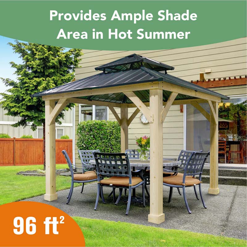 Outdoor Patio Hardtop Gazebo, 10 x 10 Ft, Wood Frame, 2-Tier Metal Roof, Gray