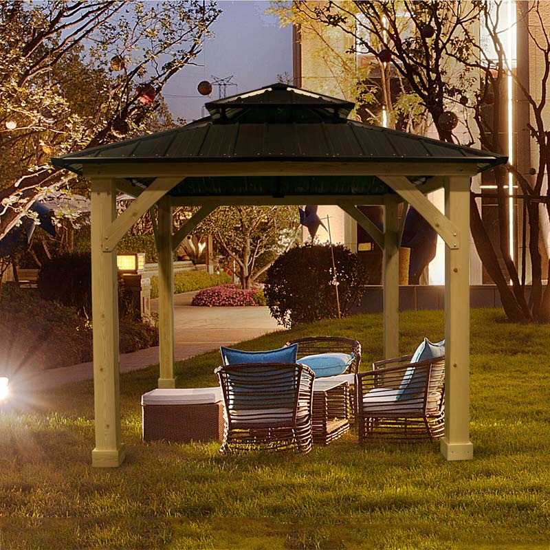 Outdoor Patio Hardtop Gazebo, 10 x 10 Ft, Wood Frame, 2-Tier Metal Roof, Gray