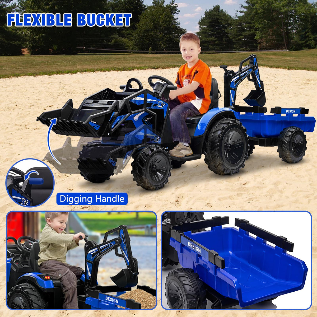 3-in-1 Ride-On Tractor 24V Electric Excavator & Bulldozer With Remote Control, LED, Music, USB/Bluetooth - Bright-Blue