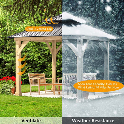 Outdoor Patio Hardtop Gazebo, 10 x 10 Ft, Wood Frame, 2-Tier Metal Roof, Gray