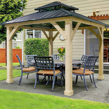 Outdoor Patio Hardtop Gazebo, 10 x 10 Ft, Wood Frame, 2-Tier Metal Roof, Gray