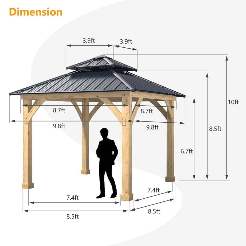 Outdoor Patio Hardtop Gazebo, 10 x 10 Ft, Wood Frame, 2-Tier Metal Roof, Gray