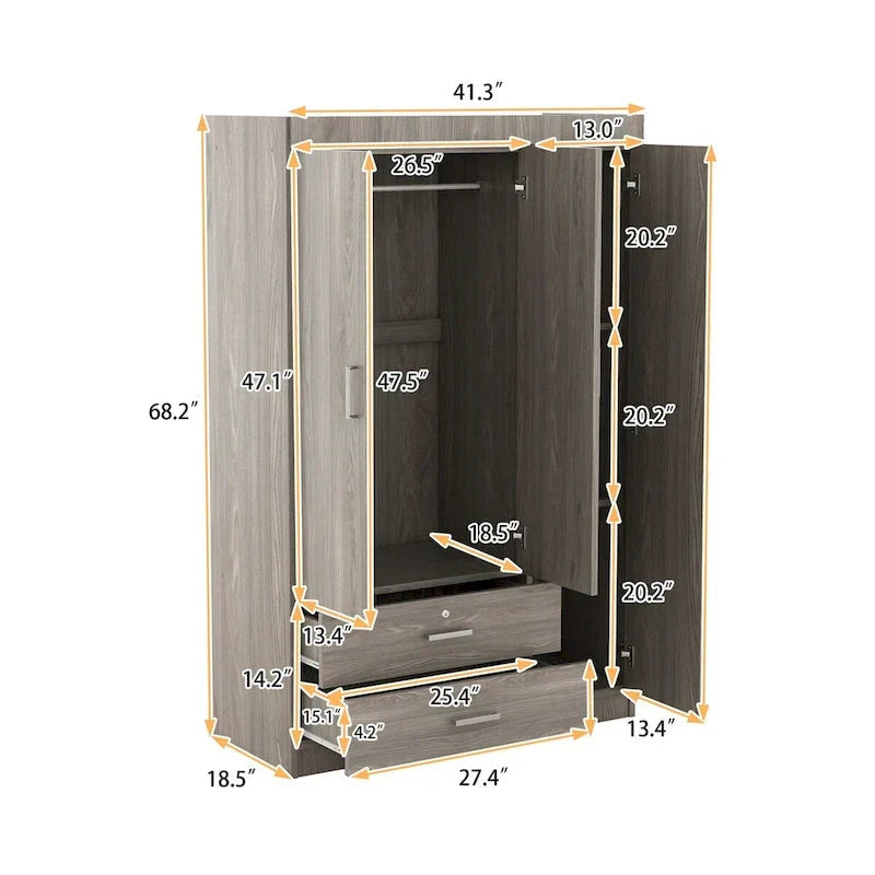 3-Door Wardrobe With 2 Drawers, Shelves And Hanging Rail