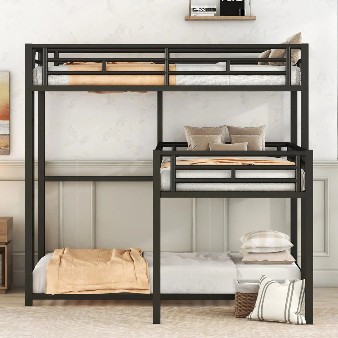 L-Shaped Metal Triple Twin Bunk Bed For 3, Black