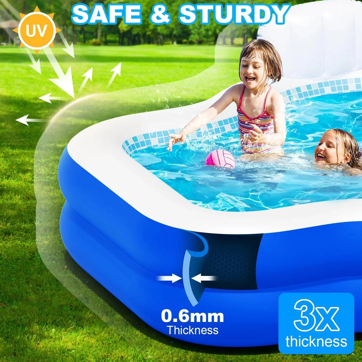 Family Inflatable Swimming Pool 121 x 90 x 22 in With Electric Pump, 2 Seats And 2 Headrests