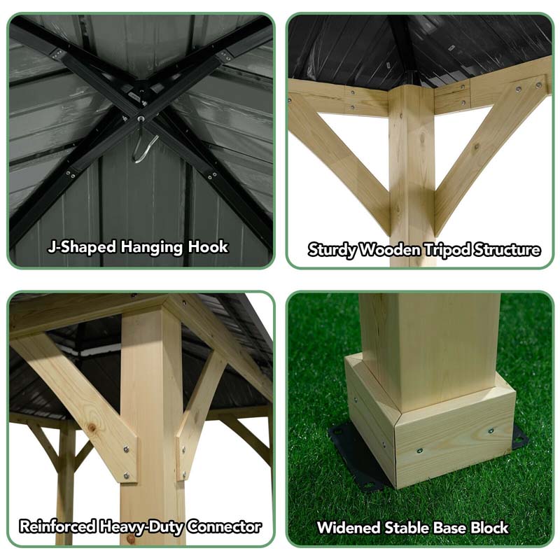 Outdoor Patio Hardtop Gazebo, 10 x 10 Ft, Wood Frame, 2-Tier Metal Roof, Gray