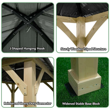 Outdoor Patio Hardtop Gazebo, 10 x 10 Ft, Wood Frame, 2-Tier Metal Roof, Gray