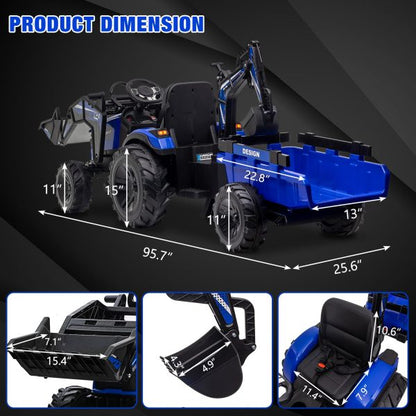 3-in-1 Ride-On Tractor 24V Electric Excavator & Bulldozer With Remote Control, LED, Music, USB/Bluetooth - Bright-Blue