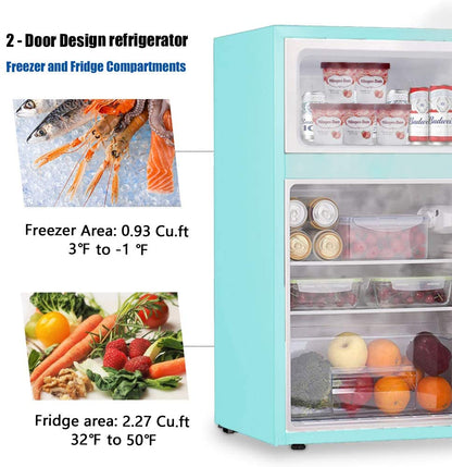 3.2 Cu.ft Compact Double Door Refrigerator With Freezer, 19 inch x 33.5 inch x 20 inch, Green