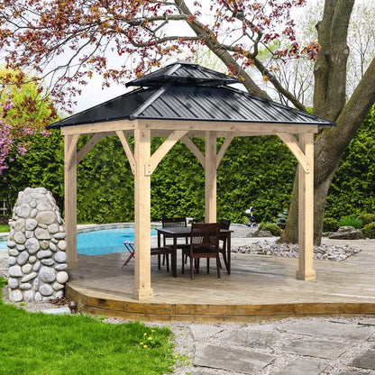Outdoor Patio Hardtop Gazebo, 10 x 10 Ft, Wood Frame, 2-Tier Metal Roof, Gray