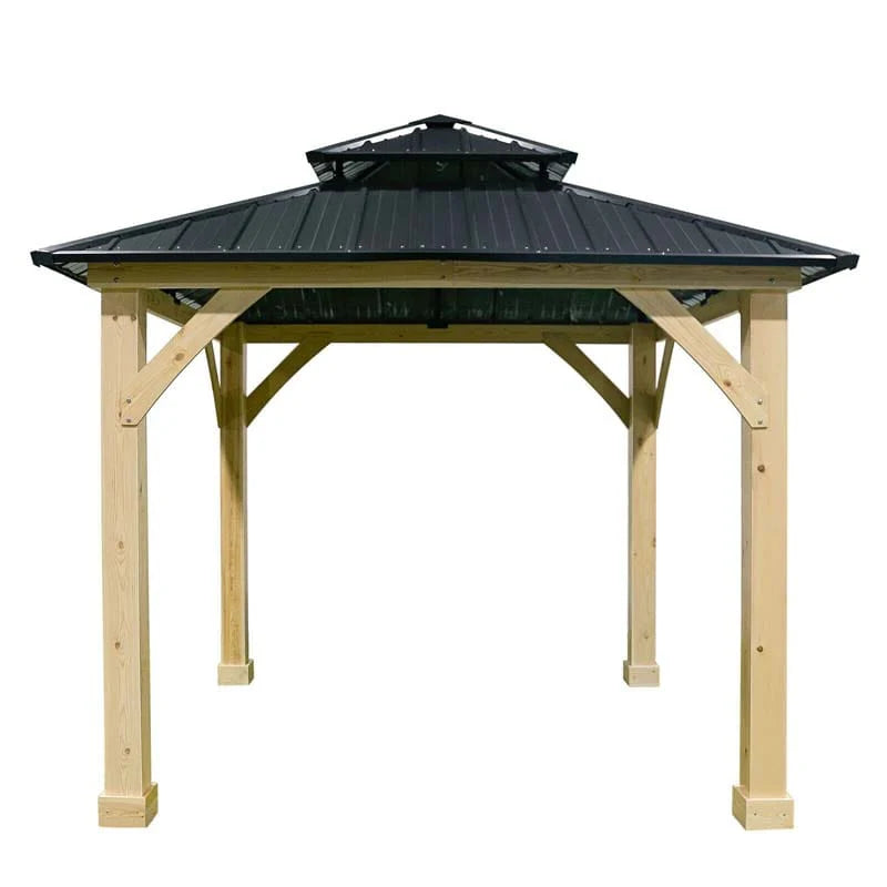 Outdoor Patio Hardtop Gazebo, 10 x 10 Ft, Wood Frame, 2-Tier Metal Roof, Gray