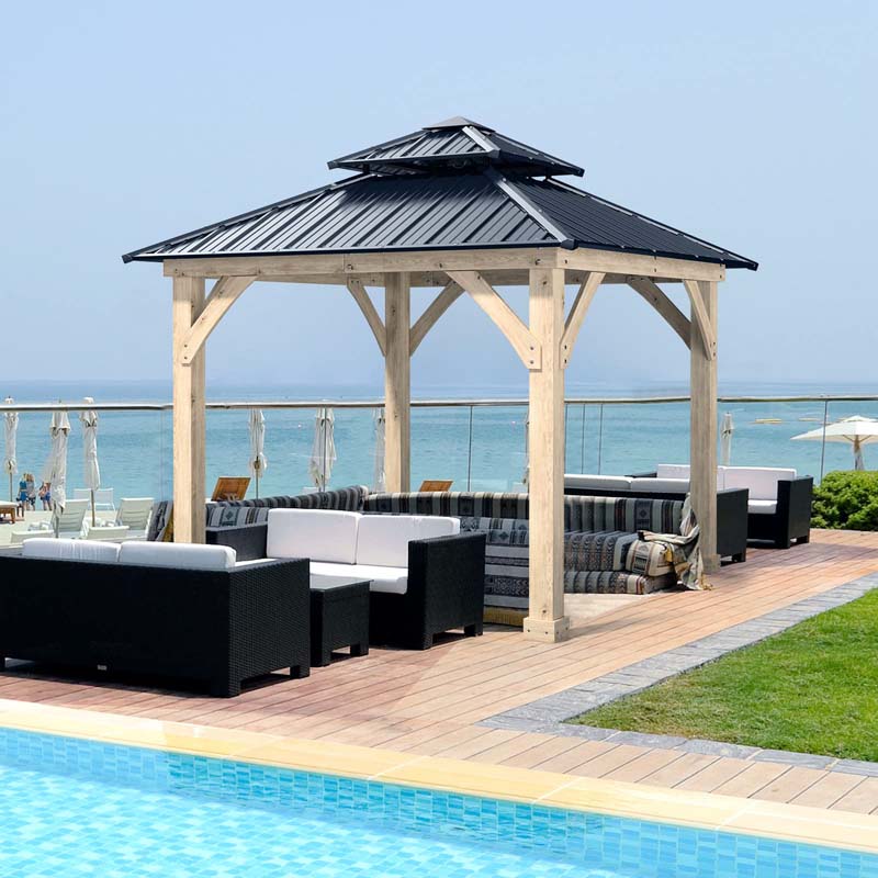 Outdoor Patio Hardtop Gazebo, 10 x 10 Ft, Wood Frame, 2-Tier Metal Roof, Gray