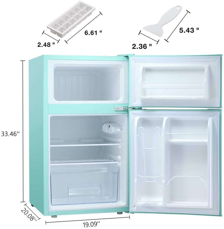 3.2 Cu.ft Compact Double Door Refrigerator With Freezer, 19 inch x 33.5 inch x 20 inch, Green